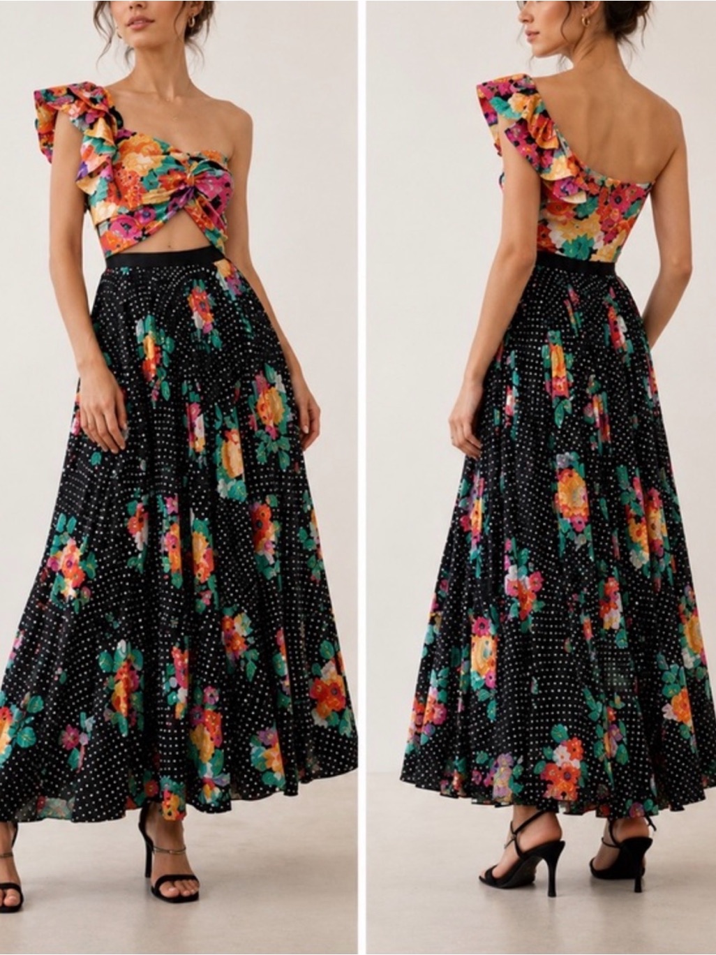 Amur Cleopatra Pleated Floral One Shoulder Dress In Black Pop Dot Size 6